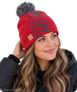 Cloudveil Unisex Adult Red & Grey Acrylic Knit Beanie w Logo Tag & Pom-Pom